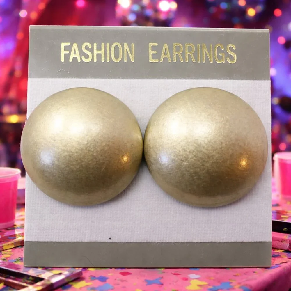 Vintage 80s Pierced Button Earrings Gold Metallic Look New Old Stock - Hey Viv